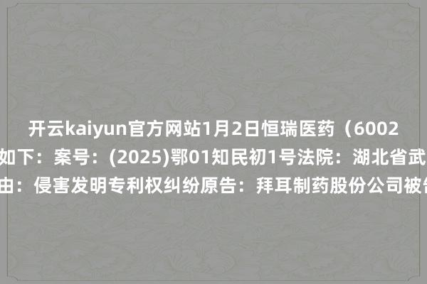 开云kaiyun官方网站1月2日恒瑞医药(600276)新增1件法院诉讼如下: 案号:(2025)鄂01知民初1号法院:湖北省武汉市中级东谈主民法院案由:侵害发明专利权纠纷原告:拜耳制药股份公司被告:江苏恒瑞医药股份有限公司案件类型:民事立案日历:2025年1月2日 数据源流:企查查 -kaiyun体育最新版